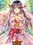  angelmaster animal bird black_hair breasts bunny carrying cat cleavage day hair_ornament hamster kahlua_(angelmaster) large_breasts long_hair looking_at_viewer neme official_art purple_eyes smile solo 