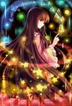  brown_eyes brown_hair bug butterfly butterfly_on_hand highres hime_cut houraisan_kaguya insect long_hair long_sleeves looking_at_viewer looking_back mirror_(xilu4) shirt skirt smile solo spell_card star touhou very_long_hair wide_sleeves 