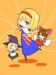  alice_margatroid ascot blonde_hair blue_eyes bow capelet chibi doll hair_bow hair_tubes hairband hakurei_reimu hat ishimu kirisame_marisa puppet_strings solid_oval_eyes touhou witch_hat yellow_background 