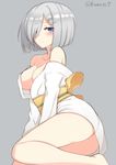  alternate_costume ass blue_eyes blush breasts cleavage hair_ornament hair_over_one_eye hairclip hamakaze_(kantai_collection) japanese_clothes kamoto_tatsuya kantai_collection kimono large_breasts looking_at_viewer off_shoulder short_hair short_kimono silver_hair simple_background solo 