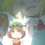  :3 alice_margatroid animal_ears blonde_hair blush brown_eyes brown_hair capelet cat_ears chen chicken_(food) commentary_request eating fang food hat imminent_kiss mizuhashi_parsee multiple_girls nartanz open_mouth scarf short_hair touhou yuri 