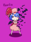  bat bat_wings blue_hair bow brooch chibi crossed_arms grin hat hat_bow ishimu jewelry purple_background red_eyes remilia_scarlet smile solo touhou wings 