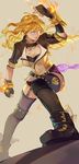  bad_id bad_pixiv_id blonde_hair breasts cleavage fingerless_gloves fire flame garter_straps gauntlets gloves jewelry large_breasts long_hair necklace purple_eyes rwby solo thighhighs yang_xiao_long yuukaku 