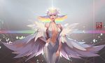  1girl bare_shoulders breasts choker cleavage crown dress feather_boa flipped_hair kill_la_kill kiryuuin_ragyou large_breasts milf mr._carp multicolored_hair photoshop rainbow_hair short_hair solo sparkle white_hair 