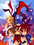  3girls antenna_hair belt blonde_hair blue_hair bright_pupils brown_hair capri_pants castle crossed_arms disgaea disgaea_d2 earrings etna flonne flonne_(fallen_angel) gloves harada_takehito highres jewelry laharl long_hair multiple_girls necktie official_art pants prinny red_eyes red_hair scarf short_hair sicily_(disgaea) slit_pupils smile 