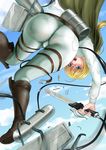  ass blonde_hair blue_eyes blush boots broken cameltoe cape christa_renz day from_below highres long_hair looking_at_viewer open_mouth pants pantylines paradis_military_uniform ponytail puppeshinohara shingeki_no_kyojin sky solo sword three-dimensional_maneuver_gear tight tight_pants weapon 