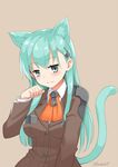  animal_ears blush breasts cat_ears cat_tail green_eyes green_hair hair_ornament hairclip kamoto_tatsuya kantai_collection kemonomimi_mode large_breasts long_hair looking_at_viewer school_uniform simple_background smile solo suzuya_(kantai_collection) tail 