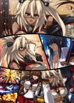  2girls admiral_(kantai_collection) anime_coloring bad_id bad_pixiv_id black_hair blonde_hair blush breasts brown_hair chestnut_mouth dark_skin explosion fingerless_gloves glasses gloves juri_(shiningred) kantai_collection katana large_breasts long_hair machinery multiple_girls musashi_(kantai_collection) navel open_mouth pointy_hair ponytail red_eyes sarashi shaded_face sword two_side_up wavy_mouth weapon yamato_(kantai_collection) 