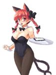  :d alternate_costume animal_ears bare_shoulders blush braid breasts cat_ears cleavage detached_collar extra_ears fishnet_pantyhose fishnets isaki_(gomi) kaenbyou_rin kittysuit large_breasts looking_at_viewer multiple_tails open_mouth pantyhose pointy_ears red_eyes red_hair smile solo tail toned touhou tray twin_braids two_tails wrist_cuffs 