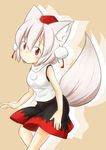  animal_ears bare_shoulders blush breasts brown_background elu_butyo hat highres inubashiri_momiji looking_at_viewer medium_breasts pom_pom_(clothes) red_eyes short_hair silver_hair simple_background solo tail tokin_hat touhou wolf_ears wolf_tail 