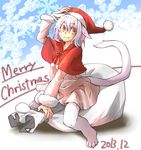  2013 animal_ears cat_ears dated hat looking_at_viewer merry_christmas mono_(nekogoya) original santa_hat short_hair sitting smile solo tail 