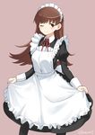  alternate_costume apron black_legwear blush brown_eyes brown_hair enmaided kamoto_tatsuya kantai_collection long_hair maid maid_headdress one_eye_closed ooi_(kantai_collection) pantyhose simple_background 