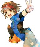  blue_eyes brown_eyes brown_hair cowboy_shot gen_5_pokemon irouha kyouhei_(pokemon) pokemon pokemon_(creature) pokemon_(game) pokemon_bw2 short_hair short_sleeves tepig v visor_cap 