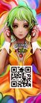  green_eyes green_hair gumi headphones lips muju nose parted_lips qr_code short_hair solo vocaloid wrist_cuffs 