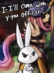  2014 angel_(mlp) building dialog duo english_text equine female fluttershy_(mlp) friendship_is_magic fur hair handcuffs hat lagomorph long_hair looking_at_viewer lumineko male mammal my_little_pony outside pegasus pink_hair rabbit shackles standing straight text whiskers white_fur wings 