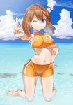  ;) alternate_costume barefoot beach bike_shorts blue_eyes blue_sky breasts brown_hair cameltoe closed_mouth cloud covered_nipples day halter_top halterneck hand_on_hip haruka_(pokemon) kneeling large_breasts midriff navel no_headwear one_eye_closed outdoors pokemon pokemon_(game) short_hair sideboob sky smile solo swimsuit tankini toranoe v wading 