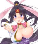  absurdres black_hair blush breast_slip breasts headband highres horikazu japanese_clothes large_breasts long_hair looking_at_viewer momo_kyun_sword momoko_(momokyun) one_breast_out purple_eyes solo surprised very_long_hair white_background 
