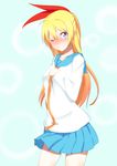  blonde_hair blue_eyes blue_skirt blush hair_ribbon kirisaki_chitoge long_hair looking_at_viewer mkt nisekoi one_eye_closed ribbon school_uniform skirt solo tears 