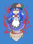  blue_background blue_hair chibi food fruit hand_on_hip hat hinanawi_tenshi ishimu keystone long_hair peach red_eyes solo sword_of_hisou touhou 