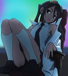  black_eyes black_hair chair goggles goggles_on_head haruyama_kazunori kneehighs kyousougiga long_hair necktie panties professor_shouko socks solo twintails underwear white_panties 