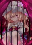  1girl absurdres ascot blonde_hair cage calpis118 closed_mouth collarbone feet_out_of_frame flandre_scarlet frilled_shirt_collar frills hair_between_eyes hat highres in_cage looking_at_viewer medium_hair mob_cap off_shoulder puffy_short_sleeves puffy_sleeves purple_eyes red_ribbon red_skirt red_theme red_vest ribbon ribbon-trimmed_headwear ribbon_trim shirt short_sleeves side_ponytail skirt skirt_set smile solo touhou vest white_headwear white_shirt wings yellow_ascot 