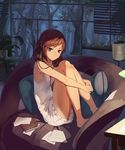  absurdres armchair audio-technica bare_arms bare_legs bare_shoulders barefoot book brown_eyes brown_hair chair forest headphones headphones_around_neck highres huanxiang_heitu indoors leg_hug looking_at_viewer love_live! love_live!_school_idol_project md5_mismatch nature night nightgown nishikino_maki paper pillow sitting solo table tree window 