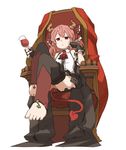  amonitto barefoot black_gloves cup demon_girl demon_tail drinking_glass feet fingerless_gloves full_body glass gloves horns long_hair original pink_hair red_eyes simple_background sitting solo succubus tail thighhighs white_background wine_glass 