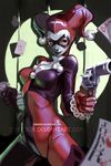  1girl artist_name batman_(series) blue_eyes bodysuit card dc_comics face_paint facepaint gloves gun harley_quinn hat james_ghio jester_cap mask playing_card solo weapon 