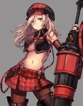  alisa_ilinichina_amiella black_gloves black_legwear blonde_hair blue_eyes boots breasts cabbie_hat cowboy_shot elbow_gloves fingerless_gloves gloves god_eater god_eater_burst hat highres huge_weapon long_hair looking_at_viewer medium_breasts midriff momoko_(momopoco) navel pantyhose plaid plaid_skirt simple_background skirt solo suspender_skirt suspenders thigh_boots thighhighs underboob weapon 