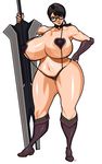 black_hair boots bracer breasts brown_eyes cattleya choker covered_nipples curvy full_body gigantic_breasts glasses hand_on_hip heart_pasties huge_weapon johnrokk knee_boots long_hair mature navel pasties planted_sword planted_weapon ponytail queen's_blade slingshot_swimsuit solo standing strap_gap swimsuit sword thick_thighs thighs toned weapon 