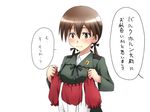  brown_eyes brown_hair dirndl german_clothes gertrud_barkhorn hair_ribbon isosceles_triangle_(xyzxyzxyz) military military_uniform ribbon solo strike_witches translated twintails uniform world_witches_series 