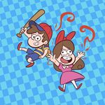 1boy 1girl baseball_bat bow braces brother_and_sister brown_hair checkered checkered_background child crossover dipper_pines gravity_falls hair_bow jpeg_artifacts mabel_pines md5_mismatch mother_(game) mother_2 ness ness_(cosplay) paula_polestar paula_polestar_(cosplay) siblings twins 