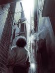  alley areeed black_hair facing_away from_behind monochrome scenery shibazaki_kenjirou smoke solo standing zankyou_no_terror 