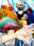  3boys bear bepo body_writing earflap_hat hand_on_hat hand_on_headwear hat heart_pirates jolly_roger jumpsuit multiple_boys nodachi one_piece penguin_(one_piece) red_hair sakurakuon scabbard shachi_(one_piece) sheath smile sunglasses tattoo trafalgar_law 