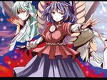  blood blood_on_fingers blue_hair crying crying_with_eyes_open green_eyes green_hair kochiya_sanae long_hair moriya_suwako multiple_girls onbashira red_eyes rope shimenawa shirt short_hair skirt tears touhou yasaka_kanako yellow_eyes yuzu_gr 