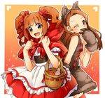  :d animal_ears apple bad_id bad_pixiv_id basket big_bad_wolf big_bad_wolf_(cosplay) big_bad_wolf_(grimm) brown_hair claws cosplay covering_mouth food fruit green_eyes hair_ribbon hairband idolmaster idolmaster_(classic) little_red_riding_hood little_red_riding_hood_(grimm) little_red_riding_hood_(grimm)_(cosplay) looking_at_viewer minase_iori multiple_girls one_eye_closed open_mouth orange_hair purple_eyes restaint ribbon ribbon_trim smile takatsuki_yayoi thighhighs twintails wolf_ears wolf_paws 