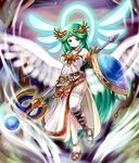  1girl dress green_hair jewelry kid_icarus long_hair lots_of_jewelry palutena shield staff very_long_hair wings 