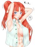  abs adjusting_hair armpits bangs bare_shoulders blue_eyes bottomless breasts colored_eyelashes crop_top crop_top_overhang highres hong_meiling kuranosuke large_breasts long_hair looking_to_the_side mouth_hold navel open_clothes open_shirt parted_bangs red_hair shirt solo touhou tying_hair white_shirt 