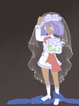  blue_eyes bouquet bow bridal_veil dark_skin flat_color flower natto_soup pokemon pokemon_(game) pokemon_xy purple_hair short_hair sina_(pokemon) skirt skirt_set solo veil watch wristwatch 