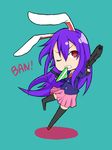  animal_ears black_legwear blazer bunny_ears chibi green_background gun handgun ishimu jacket mouth_hold necktie one_eye_closed panties panties_in_mouth purple_hair red_eyes reisen_udongein_inaba solo touhou underwear weapon 