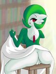  2014 anthro anthrofied breasts butt chair clothing dress female gardevoir nintendo nude open_mouth plain_background pok&eacute;mon pok&eacute;morph presenting presenting_pussy pussy red_eyes sitting solo video_games 