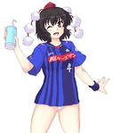  :d ;d alternate_costume breasts brown_hair drink hat isaki_(gomi) j._league looking_at_viewer medium_breasts mito_hollyhock one_eye_closed open_mouth panties pixel_art pom_pom_(clothes) racing_stripes red_eyes shameimaru_aya shirt short_hair smile solo thighs tokin_hat touhou underwear white_panties wristband 