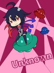  ahoge asymmetrical_wings black_hair black_legwear blue_wings chibi houjuu_nue ishimu red_background red_eyes red_wings short_hair solo touhou ufo wings 