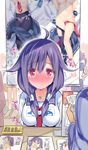  ahoge akebono_(kantai_collection) blush breasts commentary_request embarrassed flower full-face_blush hair_flower hair_ornament kantai_collection low_twintails medium_breasts meta purple_hair red_eyes rei_(rei's_room) school_uniform serafuku sweatdrop taigei_(kantai_collection) tears twintails 