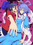  blue_eyes blue_hair blue_nails finger_in_another's_mouth hair_ornament hair_stick hat hat_removed headwear_removed ishimu jiangshi kaku_seiga miyako_yoshika multiple_girls nail_polish ofuda open_mouth outstretched_arms shawl tongue tongue_out touhou zombie_pose 