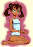  antenna_hair barefoot blush blush_stickers breasts brown_hair cupping_hands green_eyes holding holding_poke_ball long_hair looking_at_viewer one-piece_swimsuit poke_ball poke_ball_(generic) pokemon pokemon_(game) pokemon_xy quad_tails sana_(pokemon) school_swimsuit sitting small_breasts smile solo swimsuit toes toranoe wariza 