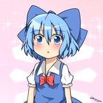  :o blue_eyes blue_hair blush bow bowtie cirno collared_shirt dress hair_bow highres ice ice_wings looking_at_viewer pink_background puffy_short_sleeves puffy_sleeves shirt short_hair short_sleeves signature solo touhou upper_body white_background wide-eyed wings yuutamiitan 