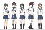  alternate_costume anchor_symbol black_hair black_legwear blue_skirt brown_hair cosplay creator_connection dated fubuki_(kantai_collection) fubuki_(kantai_collection)_(cosplay) full_body hand_on_hip ise_(kantai_collection) kaga_(kantai_collection) kantai_collection kawashina_(momen_silicon) lineup long_hair looking_at_viewer mogami_(kantai_collection) multiple_girls ooi_(kantai_collection) pleated_skirt ponytail short_hair short_ponytail side_ponytail simple_background skirt v_arms white_background 