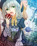  alternate_costume apple black_dress dress food fruit gothic_lolita green_eyes hat hat_ribbon heart heart_of_string juliet_sleeves komeiji_koishi layered_dress lolita_fashion long_sleeves open_mouth puffy_sleeves ribbon shikitani_asuka silver_hair snake solo third_eye touhou white_dress 