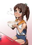  brown_hair chopsticks i-401_(kantai_collection) kantai_collection one-piece_swimsuit ponytail school_swimsuit shiden_(sashimi_no_wife) short_hair solo swimsuit swimsuit_under_clothes 